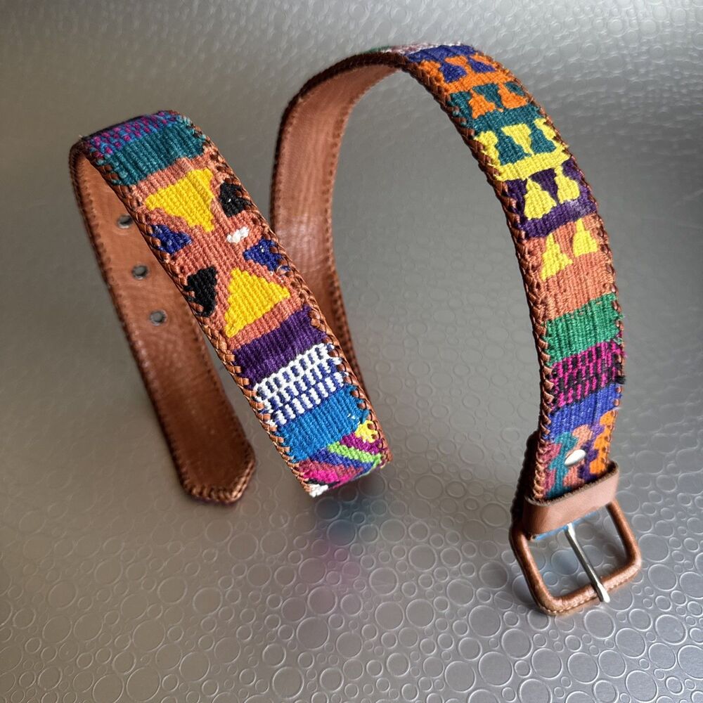 Vintage Handmade Guatemala Woven Belt 32 Cotton Leather Aztec Folk Art Southwest